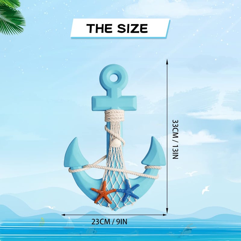 Meching 2 Pack 11" Nautical Wooden Ship Wheel and 13" Wood Anchor with Rope Nautical Boat Steering Wheel Rudder Anchor Wall Decor Door Hanging Ornament Beach Theme Home Wall Decoration(Light Blue) - Image 3